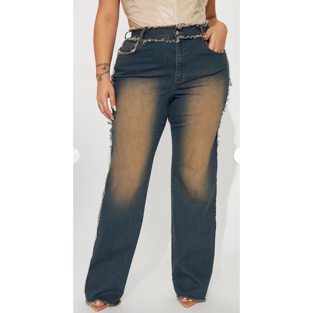 Fashion Nova Frayed Jeans Sabrina Size 11 Straight Leg High Rise Dark Wash - Picture 10 of 10